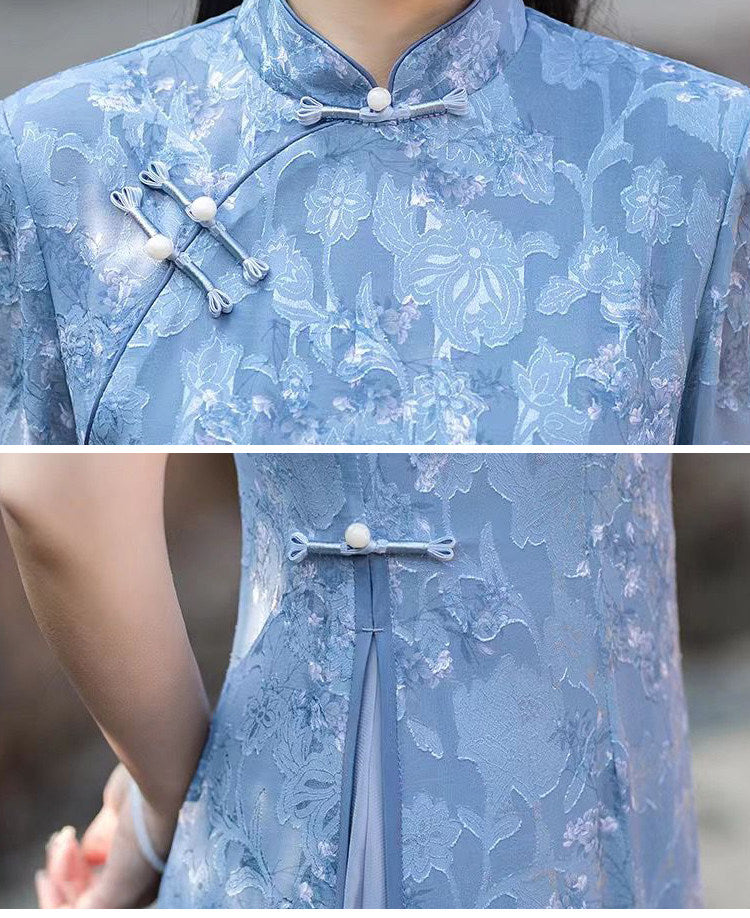 Blue Floral Qipao Dress | Neo-Chinese Cheongsam, Soft A-Line Midi Dress, Airy Sheer Overlay, Garden & Daywear