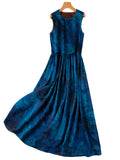 Indigo Ink-Wash Sleeveless A-Line Dress | Neo-Chinese Qipao, Modern Day-to-Evening Wear, Fluid Drape, Artistic Marbled Pattern