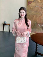 Blush Bamboo Botanical Qipao Dress | Neo-Chinese Cheongsam, Long Sleeve, Elegant Daily Wear, Botanical Motif