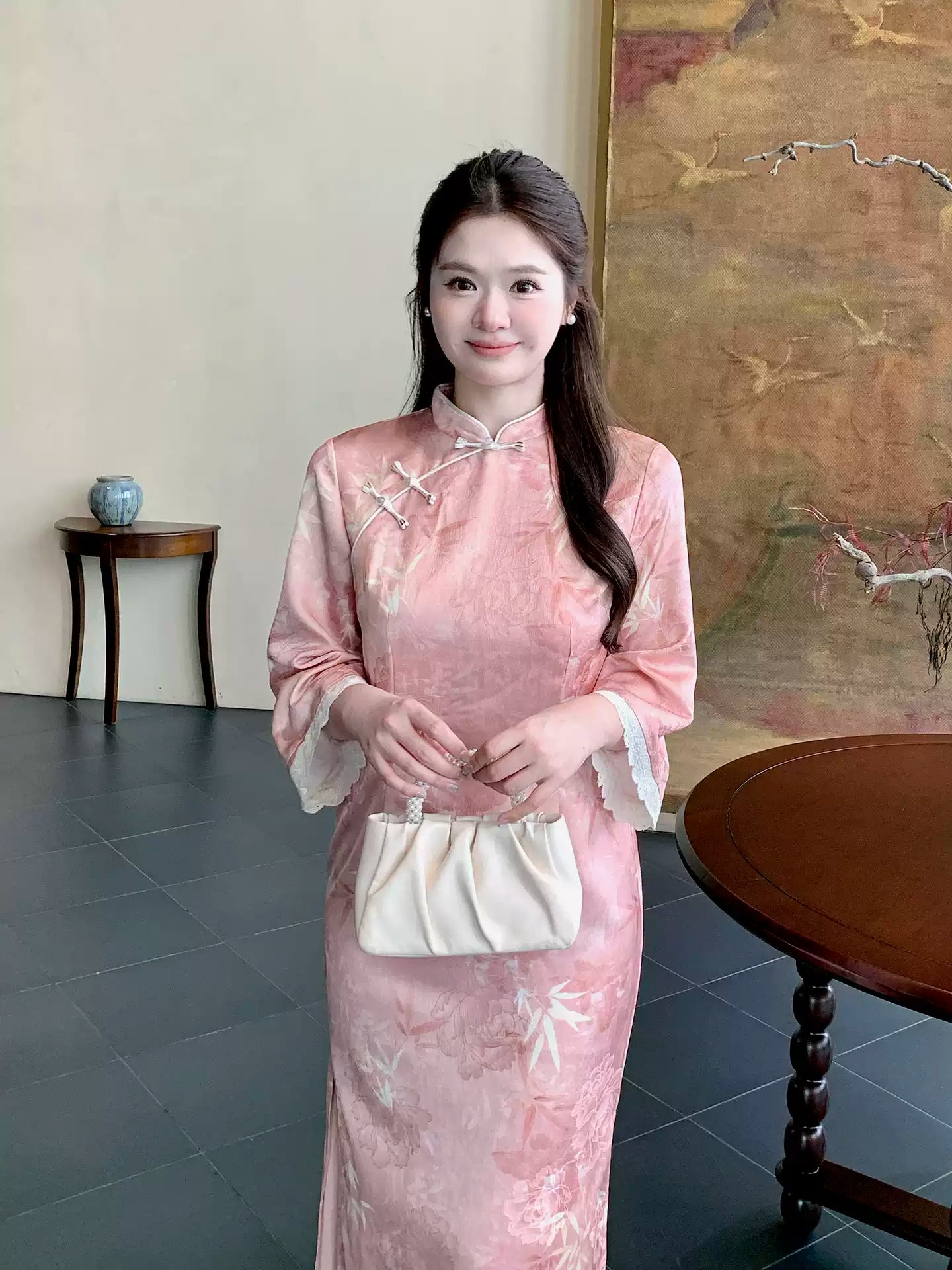Blush Bamboo Botanical Qipao Dress | Neo-Chinese Cheongsam, Long Sleeve, Elegant Daily Wear, Botanical Motif