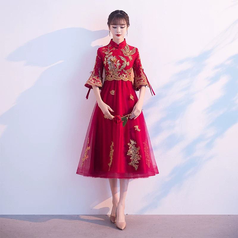 Mid-Length Traditional Red Phoenix Embroidered Bridal Gown | Traditional-Chinese Qipao, Wedding & Engagement Wear, Elegant Bridal Evening Dress (Copy)