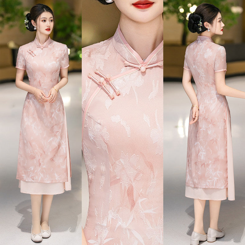 Pink Botanical Qipao Dress | Neo-Chinese Cheongsam, Elegant A-Line Midi Dress, Nature-Inspired Occasion Wear (Copy)