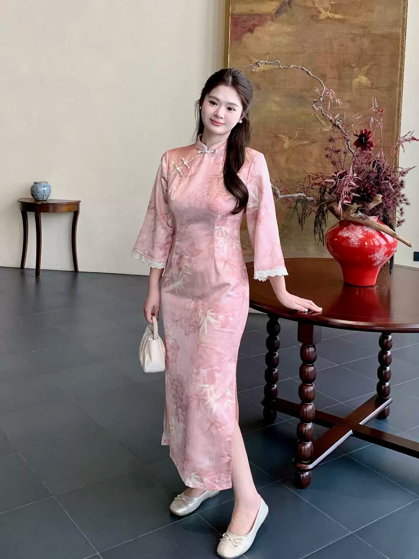 Blush Bamboo Botanical Qipao Dress | Neo-Chinese Cheongsam, Long Sleeve, Elegant Daily Wear, Botanical Motif