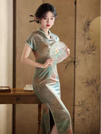 Sage Green Peony Floral Qipao Dress | Neo-Chinese Cheongsam, Modern Oriental Dress, Elegant Evening / Daily Wear