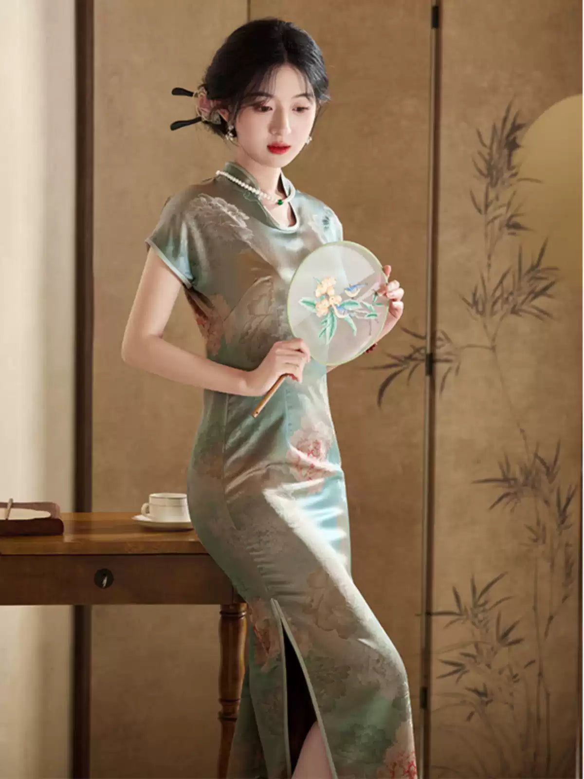 Sage Green Peony Floral Qipao Dress | Neo-Chinese Cheongsam, Modern Oriental Dress, Elegant Evening / Daily Wear