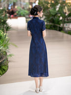 Blue Floral Qipao Dress | Neo-Chinese Cheongsam, Soft A-Line Midi Dress, Airy Sheer Overlay, Garden & Daywear