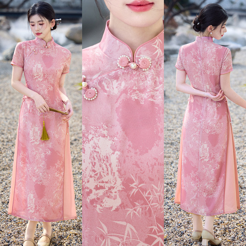 Pink Botanical Qipao Dress | Neo-Chinese Cheongsam, Elegant A-Line Midi Dress, Nature-Inspired Occasion Wear (Copy)