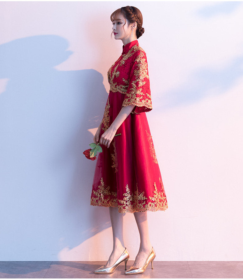 Mid-Length Traditional Red Phoenix Embroidered Bridal Gown | Traditional-Chinese Qipao, Wedding & Engagement Wear, Elegant Bridal Evening Dress (Copy)