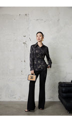 Neo-Oriental Ink Floral Wrap Blouse – Elegant Black Satin Top, Modern Chinese Style Shirt