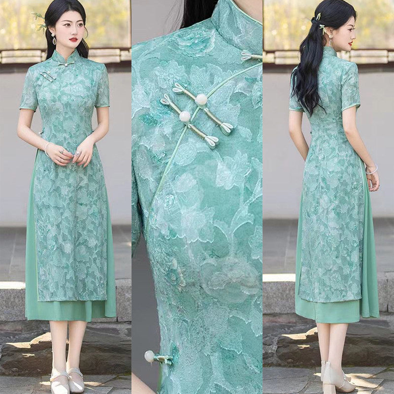 Green Botanical Qipao Dress | Neo-Chinese Cheongsam, Elegant A-Line Midi Dress, Nature-Inspired Occasion Wear