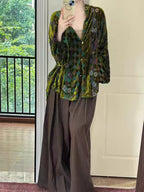 Emerald Velvet Mosaic: Lantern-Sleeve Vintage Blouse | Neo-Chinese Top, Lantern Sleeve, V-Neck, Botanical Velvet, Daily or Evening Wear