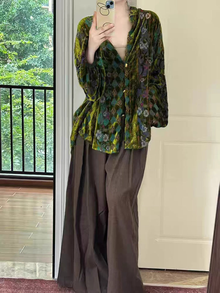 Emerald Velvet Mosaic: Lantern-Sleeve Vintage Blouse | Neo-Chinese Top, Lantern Sleeve, V-Neck, Botanical Velvet, Daily or Evening Wear