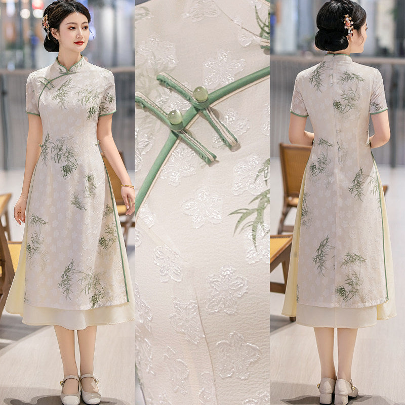 White Botanical Qipao Dress | Neo-Chinese Cheongsam, Elegant A-Line Midi Dress, Nature-Inspired Occasion Wear (Copy) (Copy)