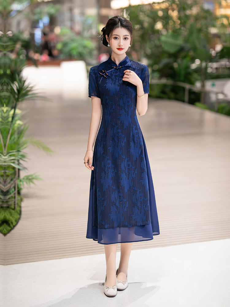 Blue Floral Qipao Dress