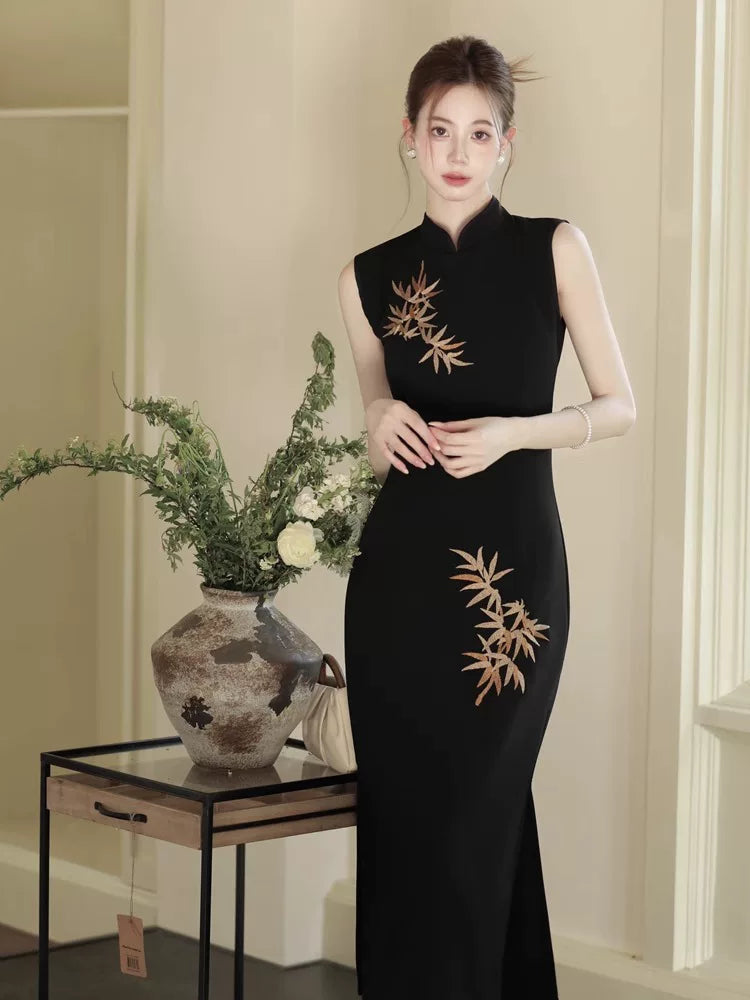 Midnight Bamboo Embroidered Cheongsam Dress | Sleek Black Qipao, Modern New Chinese Style