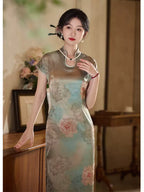 Sage Green Peony Floral Qipao Dress | Neo-Chinese Cheongsam, Modern Oriental Dress, Elegant Evening / Daily Wear