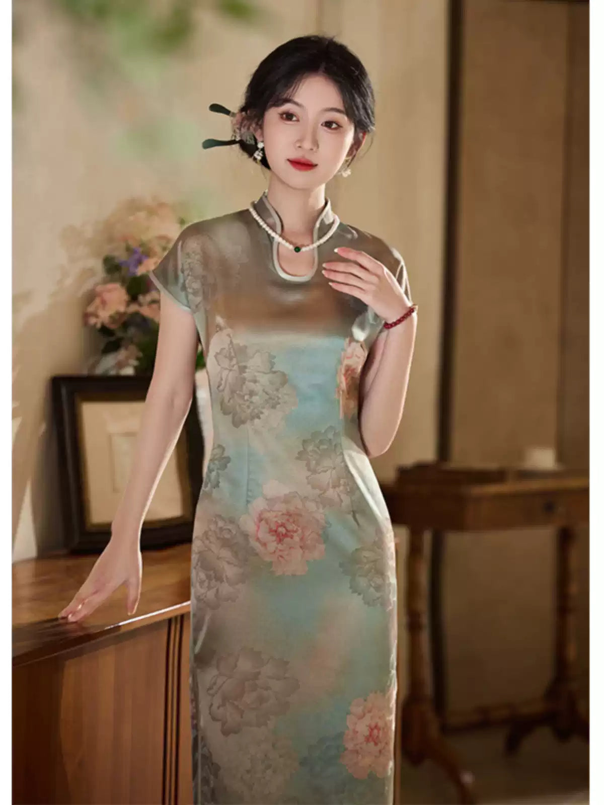 Sage Green Peony Floral Qipao Dress | Neo-Chinese Cheongsam, Modern Oriental Dress, Elegant Evening / Daily Wear