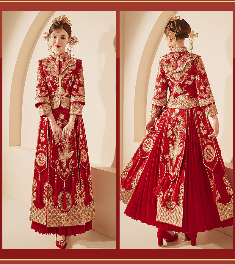Long Red Phoenix Embroidered Two-Piece Wedding Qipao Set | Neo-Chinese Cheongsam, Modern Bridal Dress, Traditional Wedding & Engagement Wear