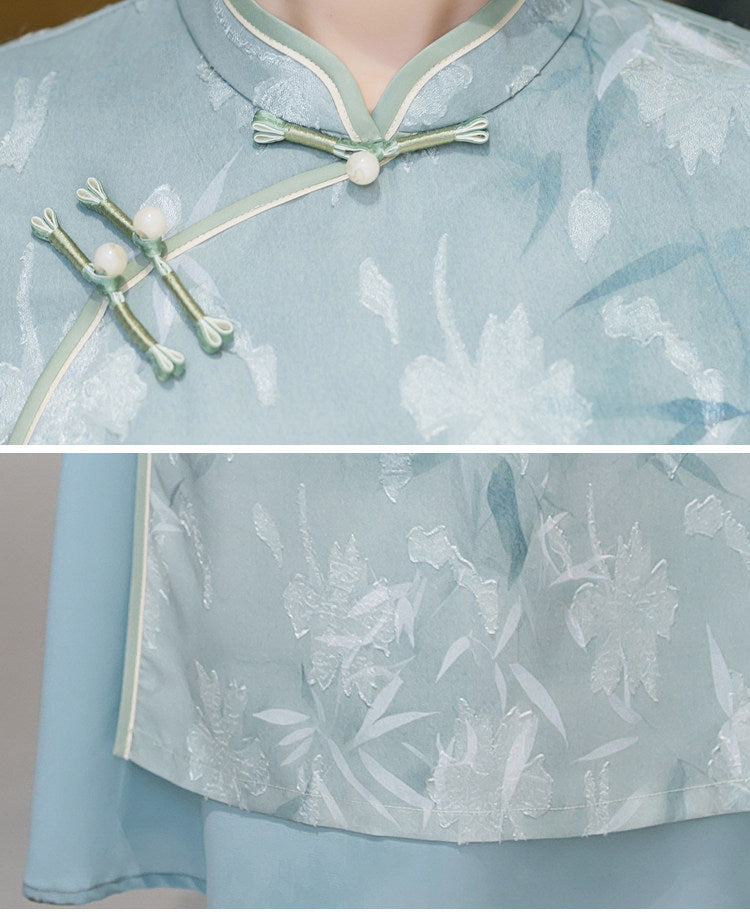 Light Blue Floral Qipao Dress | Neo-Chinese Cheongsam, Soft A-Line Midi Dress, Airy Sheer Overlay, Garden & Daywear (Copy)