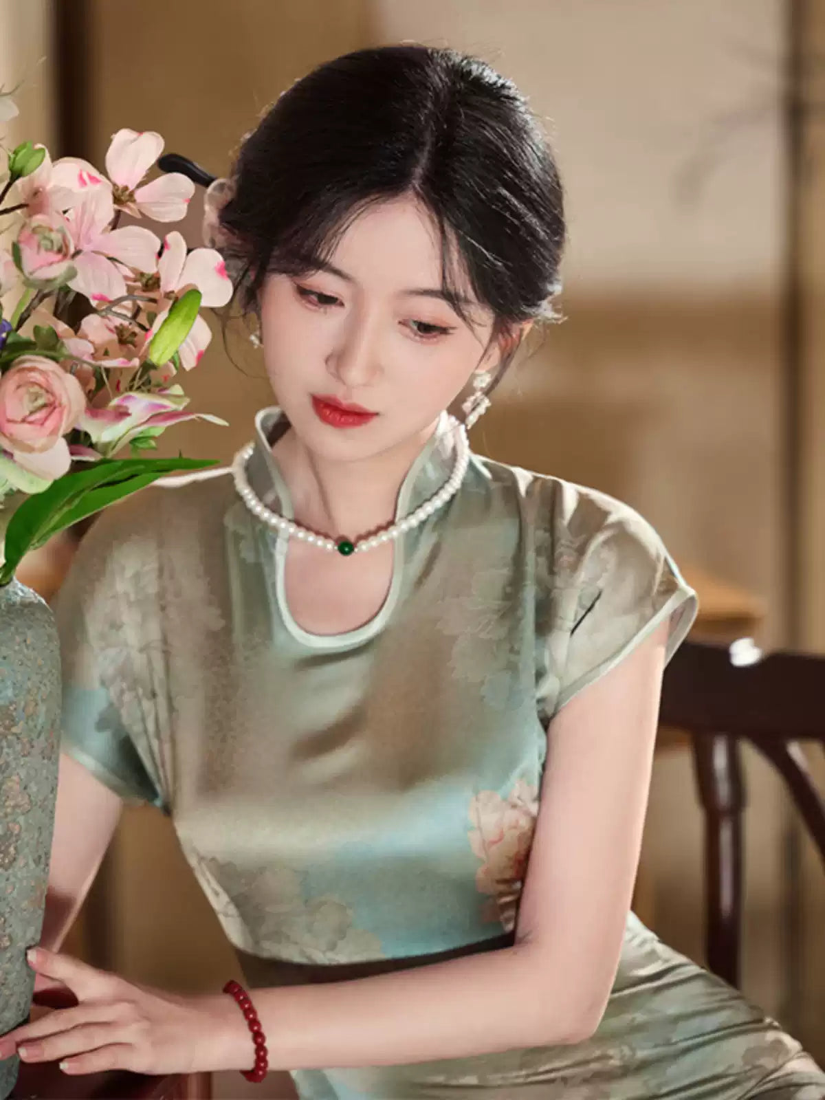 Sage Green Peony Floral Qipao Dress | Neo-Chinese Cheongsam, Modern Oriental Dress, Elegant Evening / Daily Wear