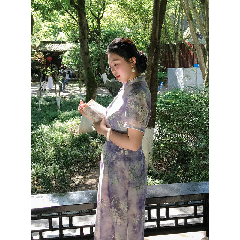 Plus Size Lavender Watercolor Blossom Qipao Dress | Neo-Chinese Cheongsam, Garden Party Dress, Summer Daywear, Botanical Print
