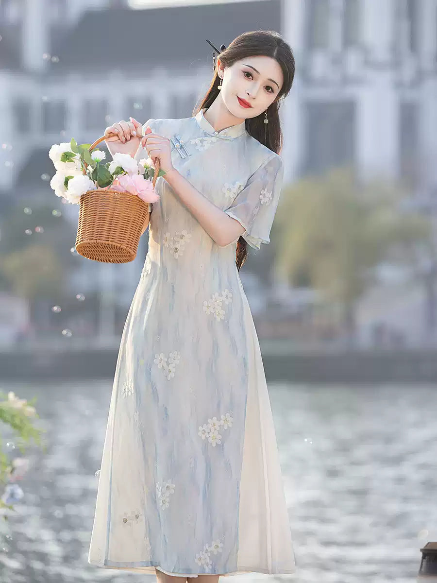Light Blue Floral Cheongsam Dress – Neo-Oriental Midi Qipao, Elegant Summer Garden Party Dress