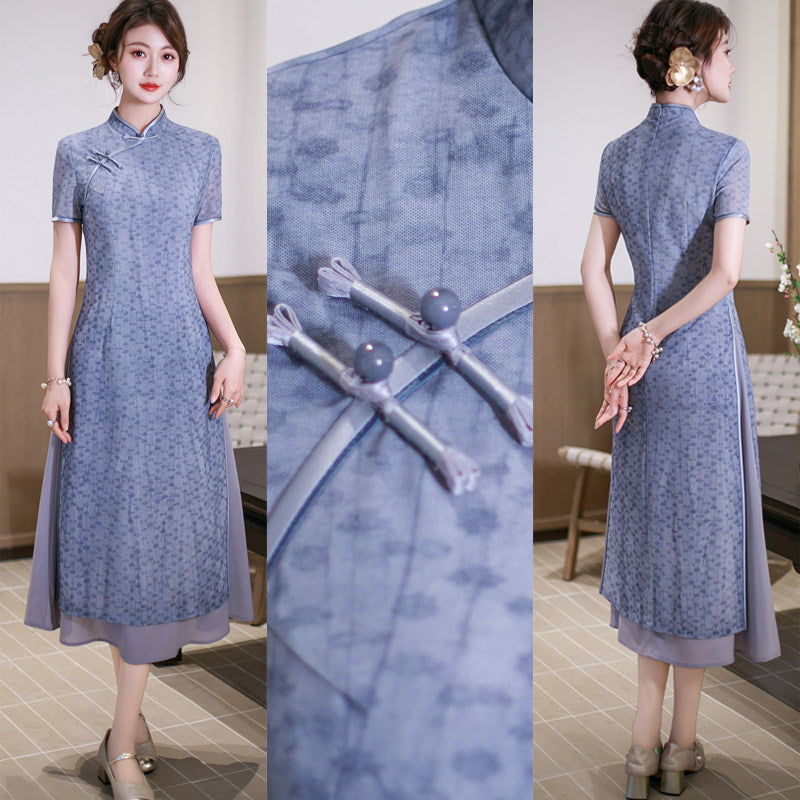 Blue Floral Qipao Dress | Neo-Chinese Cheongsam, Soft A-Line Midi Dress, Airy Sheer Overlay, Garden & Daywear