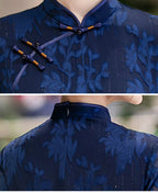 Blue Floral Qipao Dress | Neo-Chinese Cheongsam, Soft A-Line Midi Dress, Airy Sheer Overlay, Garden & Daywear