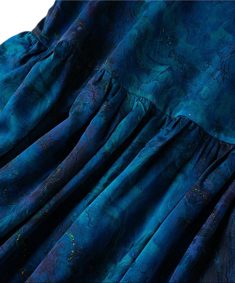 Indigo Ink-Wash Sleeveless A-Line Dress | Neo-Chinese Qipao, Modern Day-to-Evening Wear, Fluid Drape, Artistic Marbled Pattern