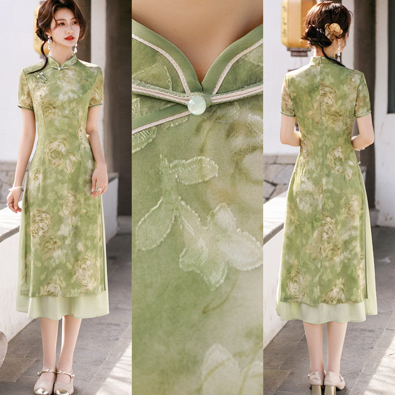 Green Botanical Qipao Dress | Neo-Chinese Cheongsam, Elegant A-Line Midi Dress, Nature-Inspired Occasion Wear