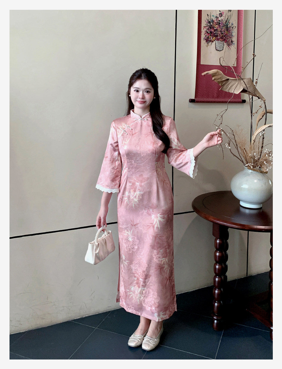 Blush Bamboo Botanical Qipao Dress | Neo-Chinese Cheongsam, Long Sleeve, Elegant Daily Wear, Botanical Motif