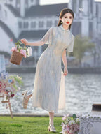 Light Blue Floral Cheongsam Dress – Neo-Oriental Midi Qipao, Elegant Summer Garden Party Dress