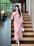 Blush Bamboo Botanical Qipao Dress | Neo-Chinese Cheongsam, Long Sleeve, Elegant Daily Wear, Botanical Motif