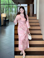 Blush Bamboo Botanical Qipao Dress | Neo-Chinese Cheongsam, Long Sleeve, Elegant Daily Wear, Botanical Motif