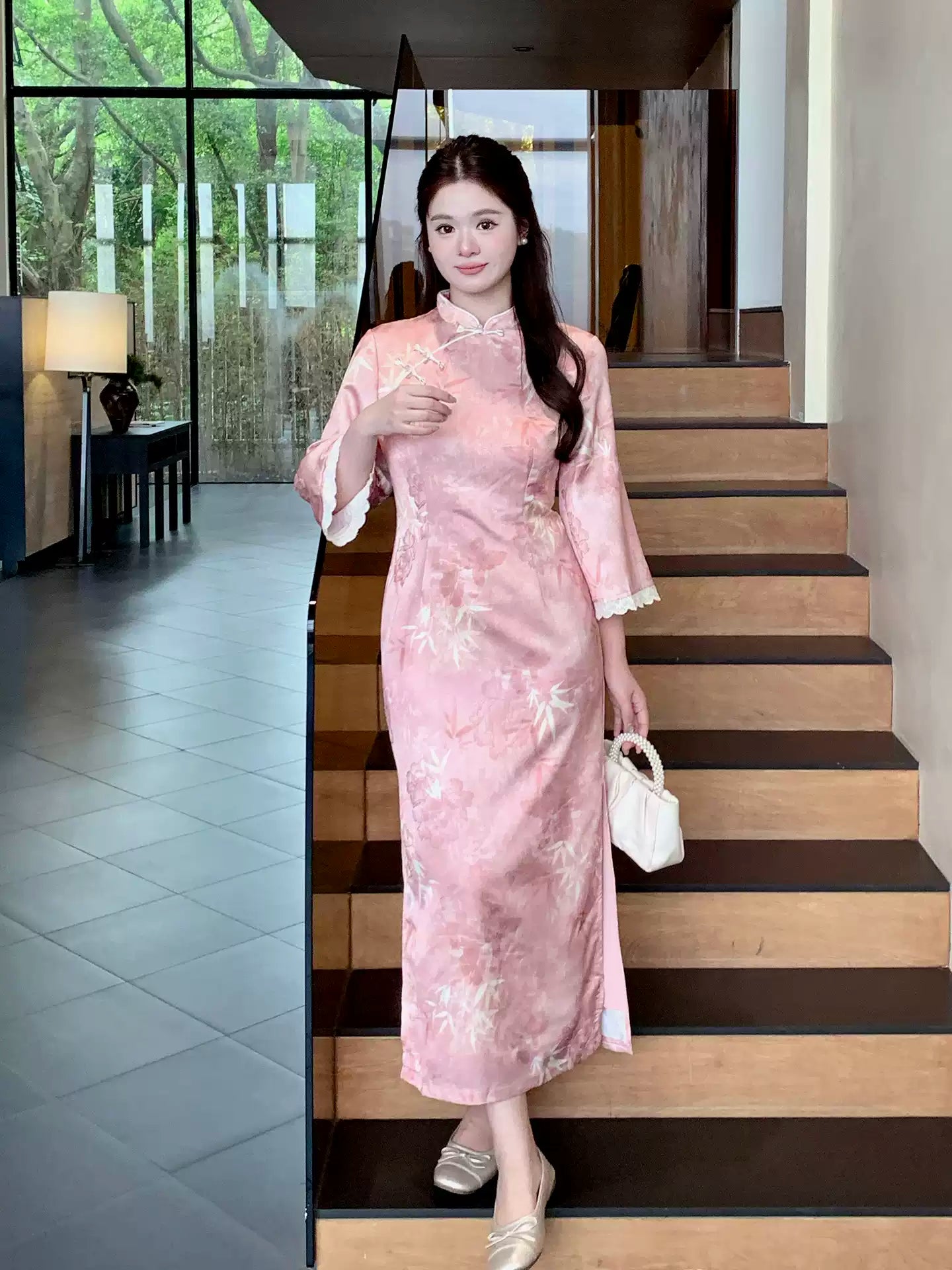 Blush Bamboo Botanical Qipao Dress | Neo-Chinese Cheongsam, Long Sleeve, Elegant Daily Wear, Botanical Motif