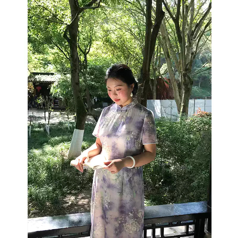 Plus Size Lavender Watercolor Blossom Qipao Dress | Neo-Chinese Cheongsam, Garden Party Dress, Summer Daywear, Botanical Print