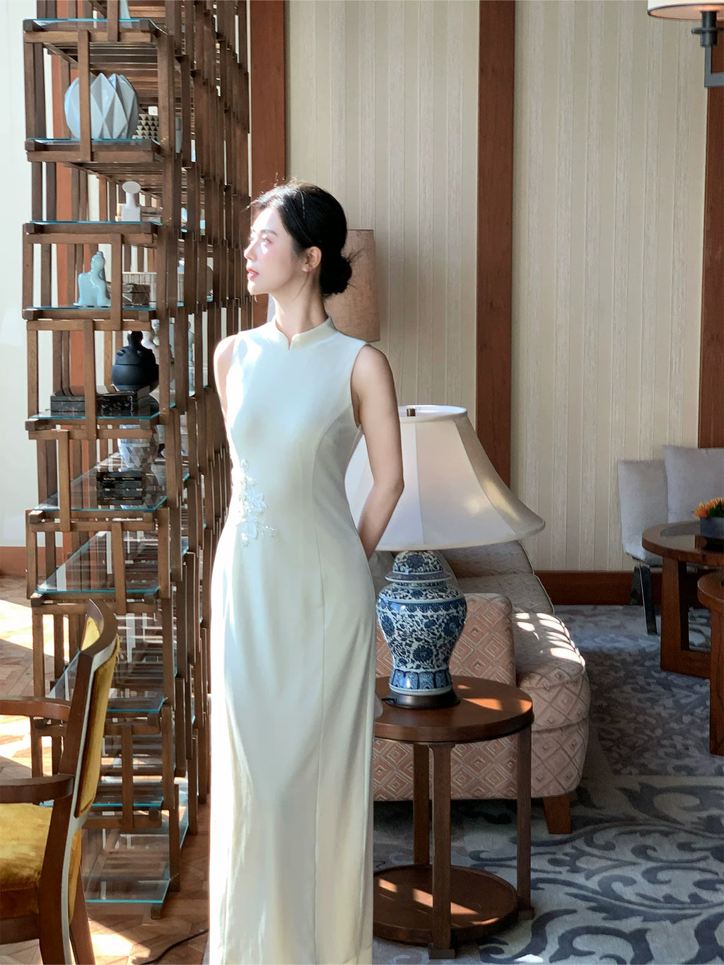 Ivory Lotus Embroidered Cheongsam Dress | Minimalist Qipao Gown, Elegant New Chinese Style