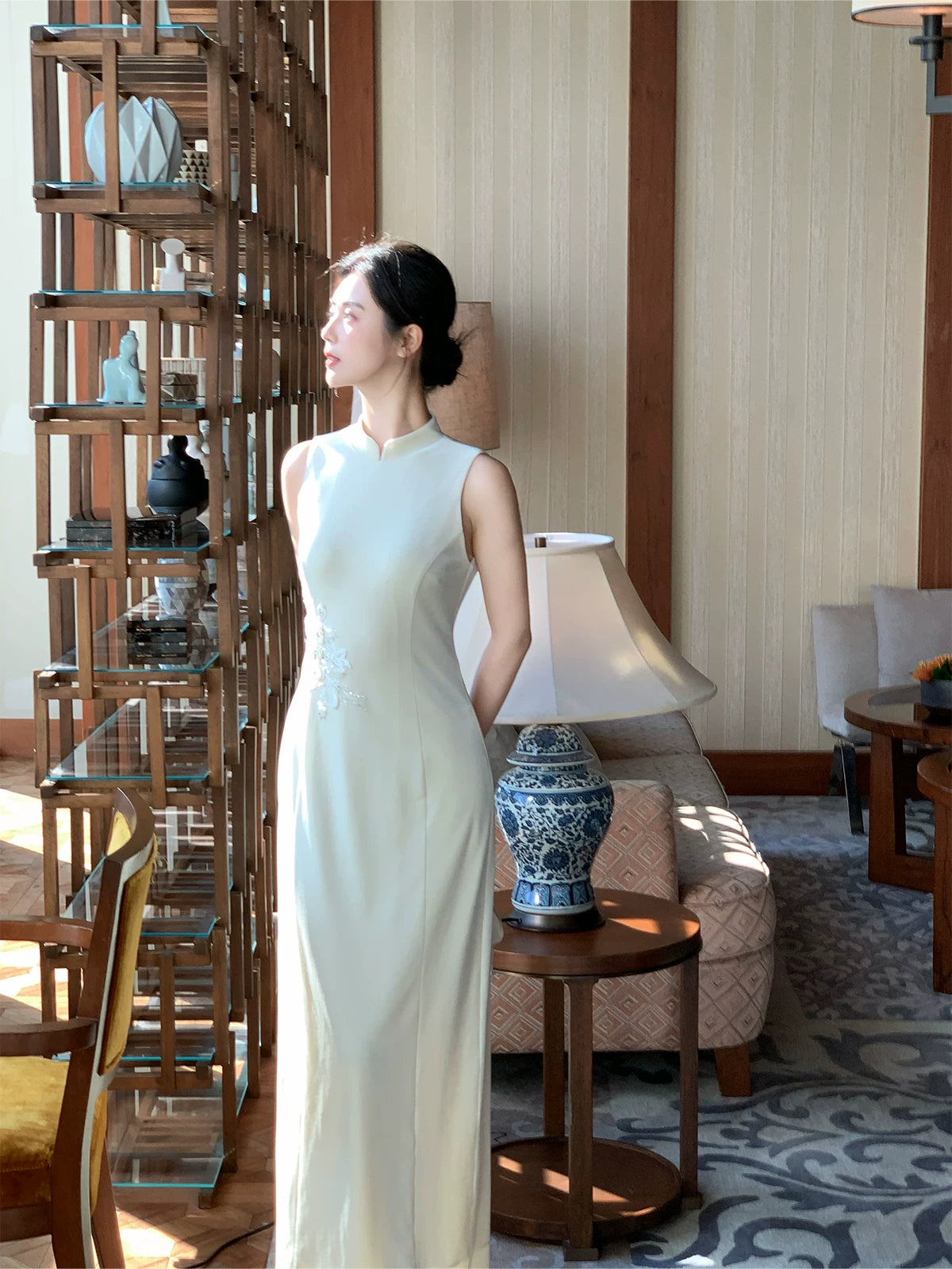 Ivory Lotus Embroidered Cheongsam Dress | Minimalist Qipao Gown, Elegant New Chinese Style