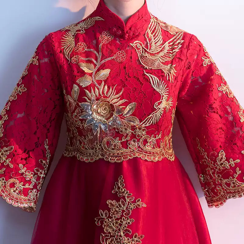 Mid-Length Traditional Red Phoenix Embroidered Bridal Gown | Traditional-Chinese Qipao, Wedding & Engagement Wear, Elegant Bridal Evening Dress (Copy)