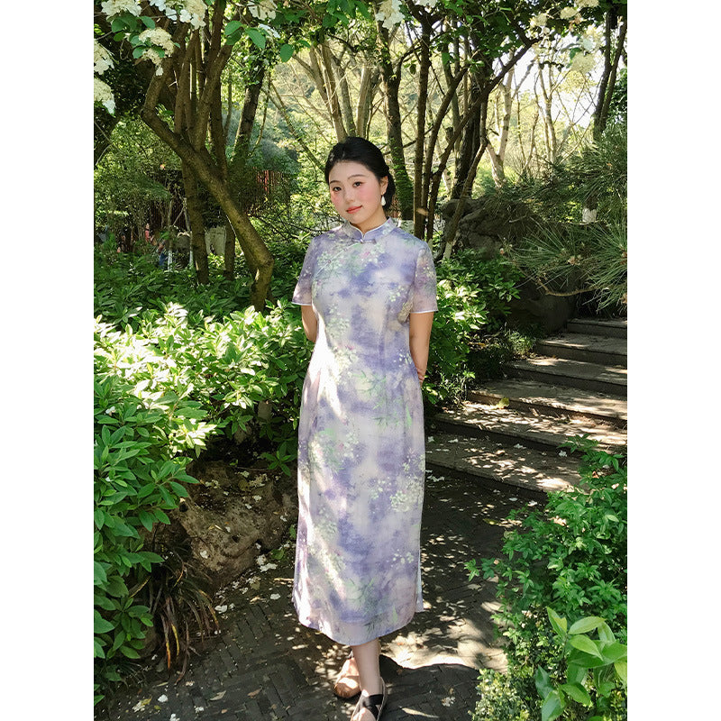 Plus Size Lavender Watercolor Blossom Qipao Dress | Neo-Chinese Cheongsam, Garden Party Dress, Summer Daywear, Botanical Print