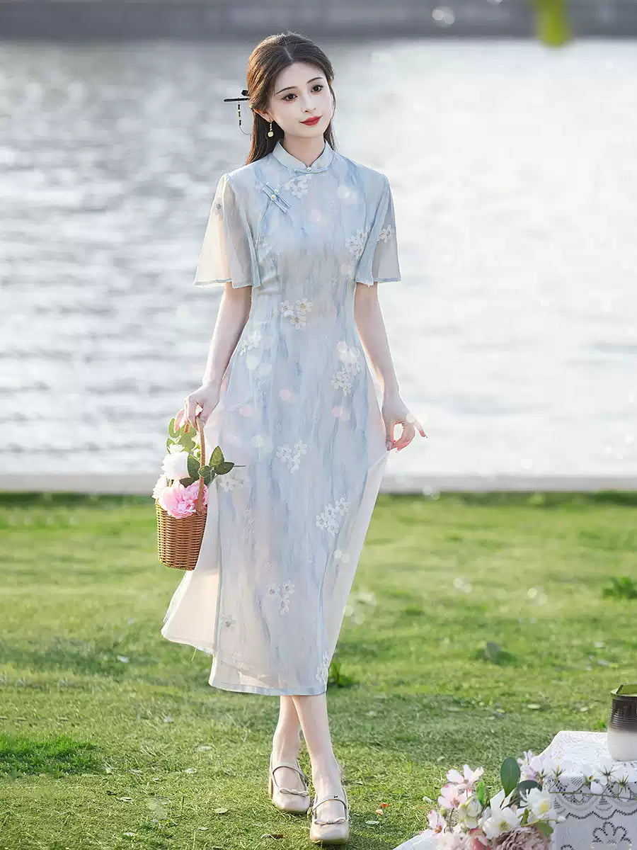 Light Blue Floral Cheongsam Dress – Neo-Oriental Midi Qipao, Elegant Summer Garden Party Dress