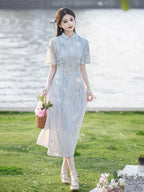 Light Blue Floral Cheongsam Dress – Neo-Oriental Midi Qipao, Elegant Summer Garden Party Dress