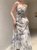 Ivory Ink Botanical Camisole Maxi Dress | Neo-Chinese Qipao, Ink-Wash Print, Summer Evening Dress, Garden Photoshoot