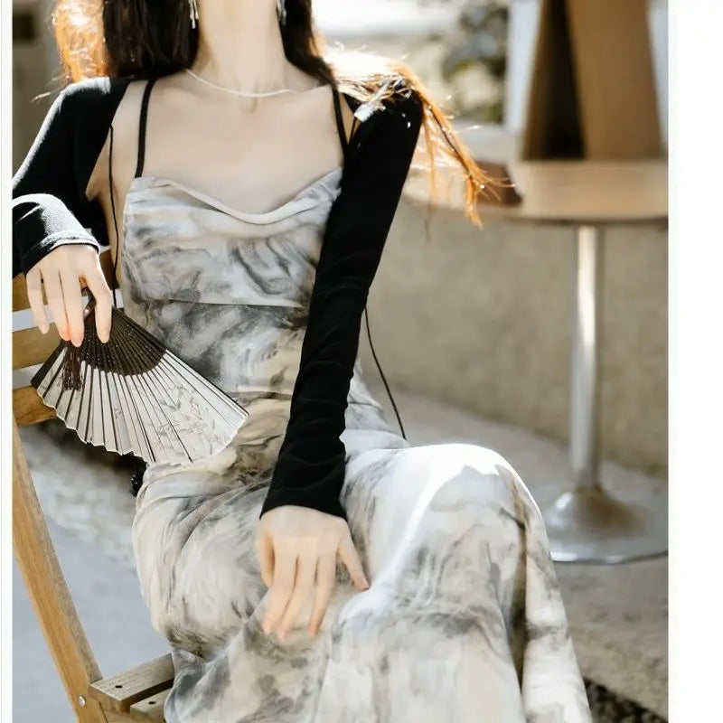 Ink Wash Marble Maxi Dress | Neo-Chinese Qipao-Inspired Gown, Modern Evening Wear, Artistic Photoshoot Dress