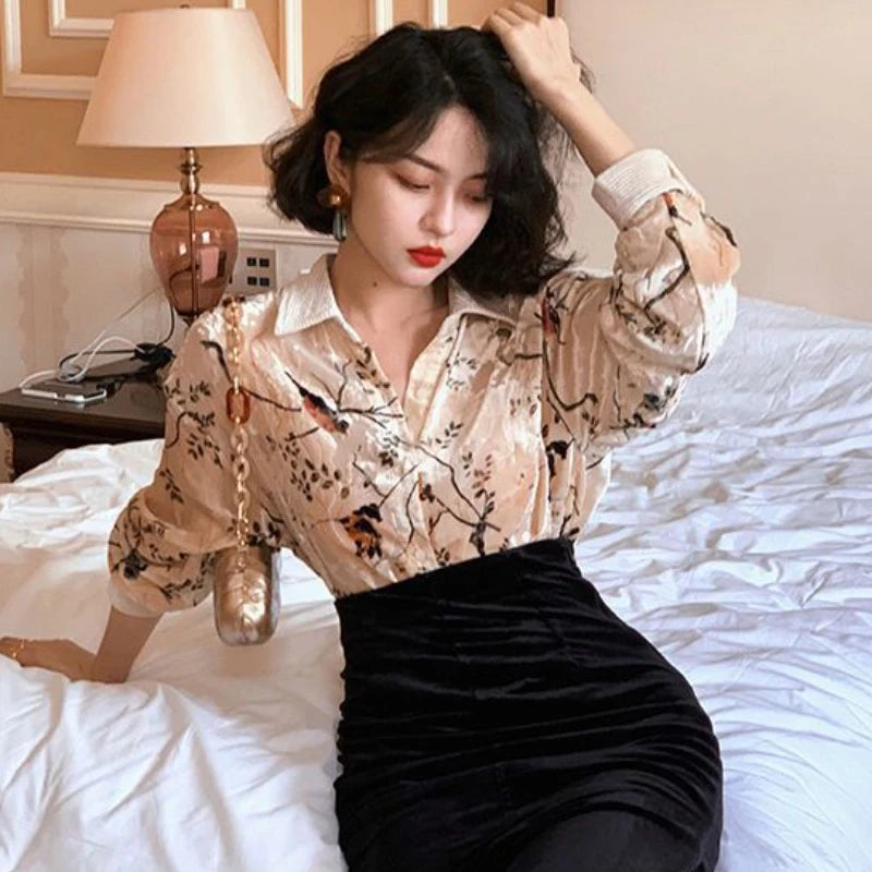 Ivory Botanical Bird Blouse | Neo-Chinese Top, Botanical Print Shirt, Elegant Daily Wear