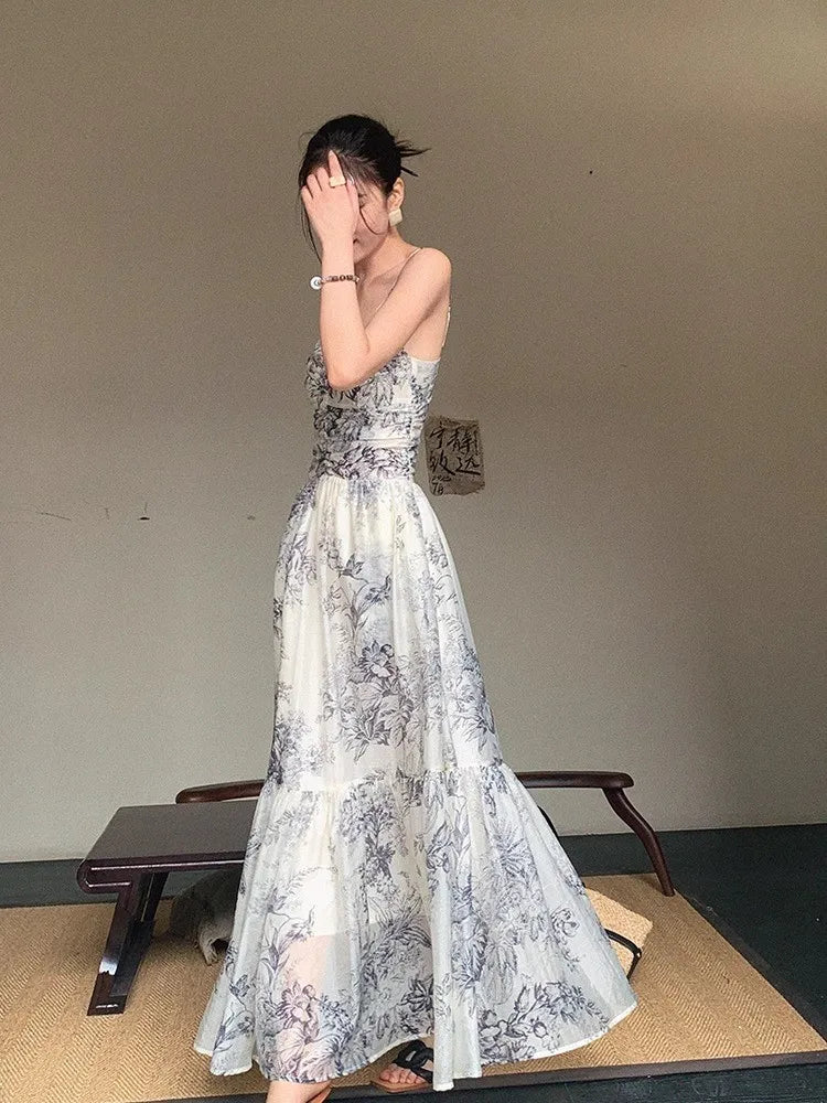 Ivory Ink Botanical Camisole Maxi Dress | Neo-Chinese Qipao, Ink-Wash Print, Summer Evening Dress, Garden Photoshoot