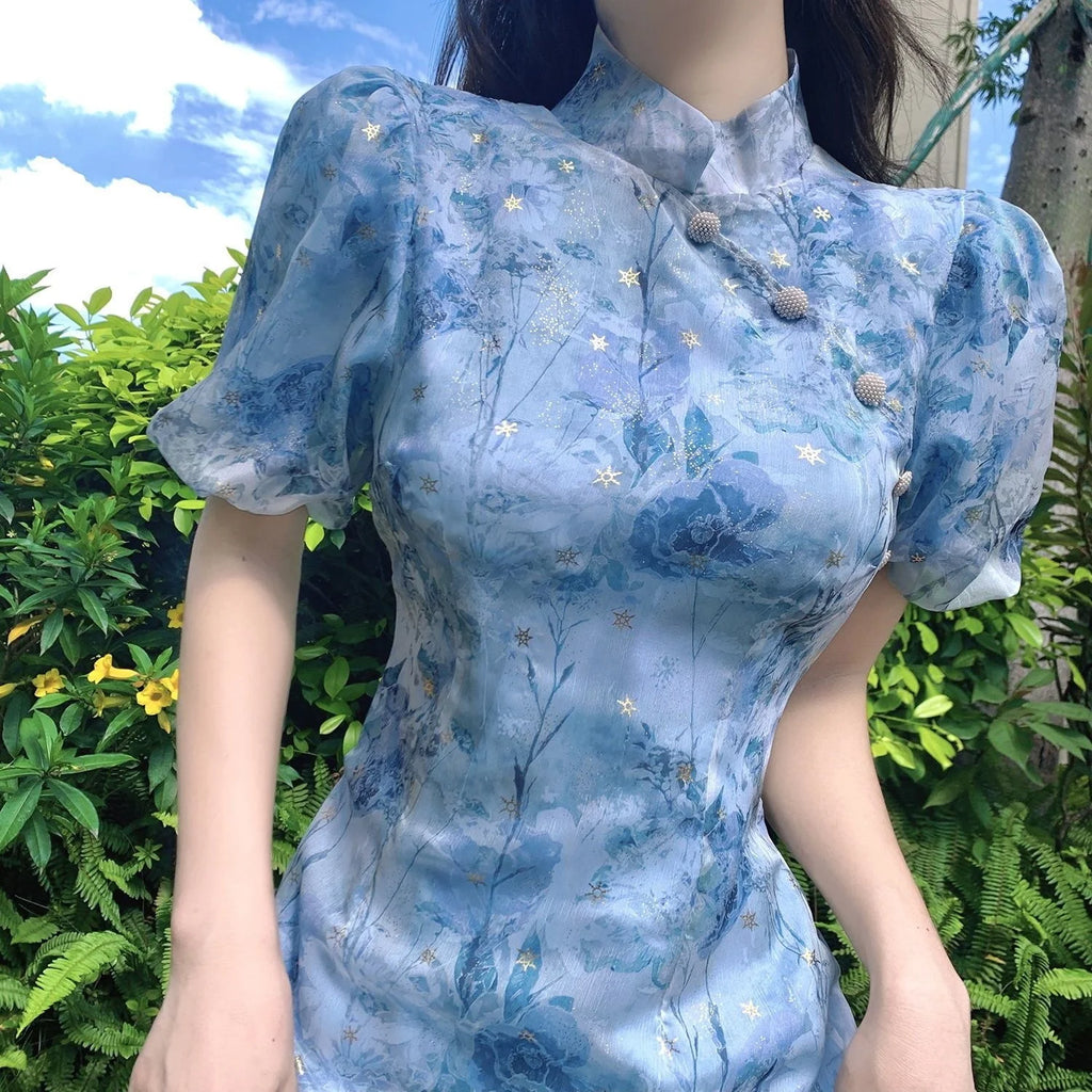 Cerulean Botanical Puff Sleeve Qipao | Neo-Chinese Cheongsam, Romantic Mini Dress, Botanical Print, Garden Party Wear
