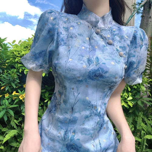 Cerulean Botanical Puff Sleeve Qipao | Neo-Chinese Cheongsam, Romantic Mini Dress, Botanical Print, Garden Party Wear