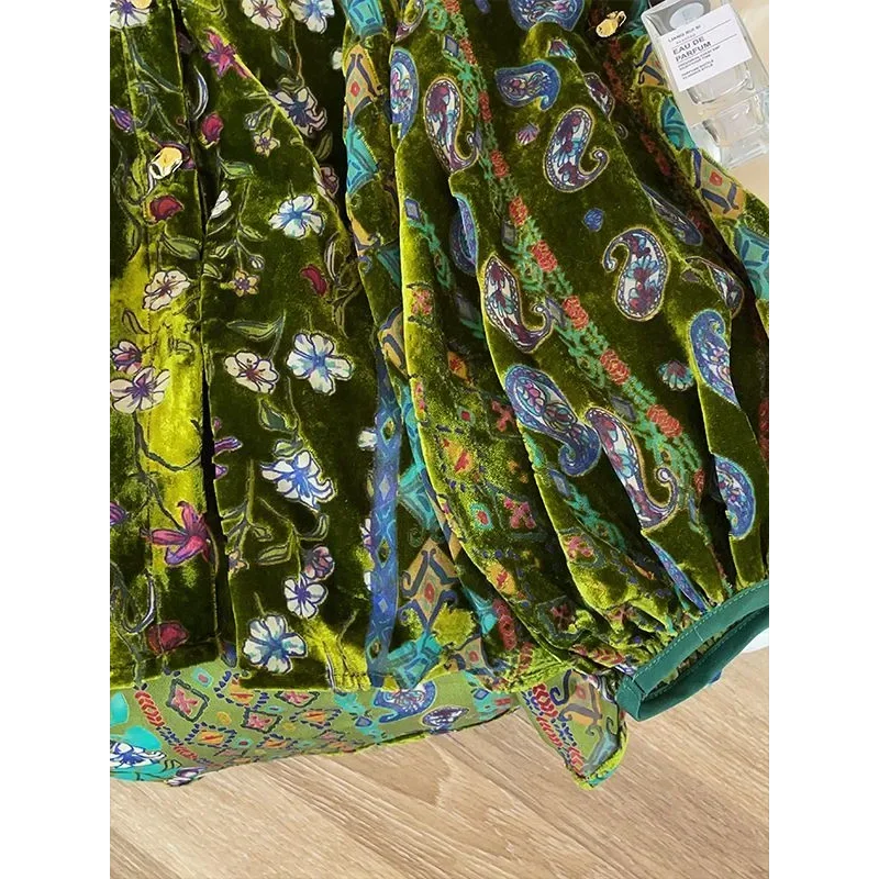 Emerald Velvet Mosaic: Lantern-Sleeve Vintage Blouse | Neo-Chinese Top, Lantern Sleeve, V-Neck, Botanical Velvet, Daily or Evening Wear