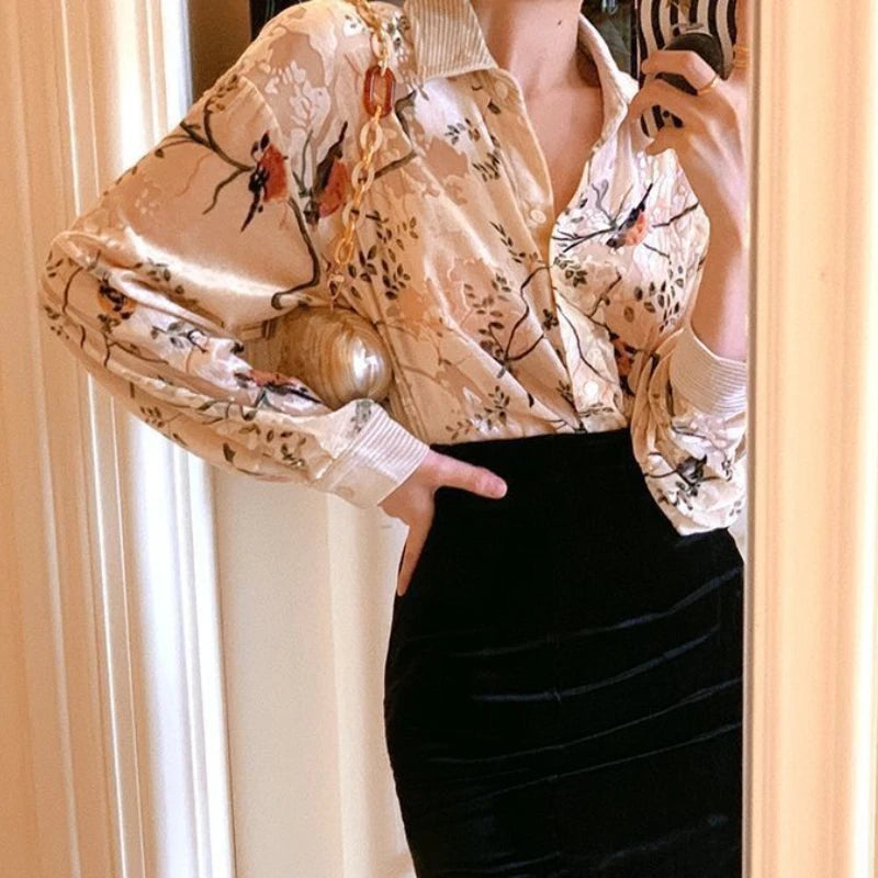 Ivory Botanical Bird Blouse | Neo-Chinese Top, Botanical Print Shirt, Elegant Daily Wear
